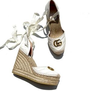 GUCCI Nappa Matelasse Marmont GG White Platform Espadrille Wedge Heels